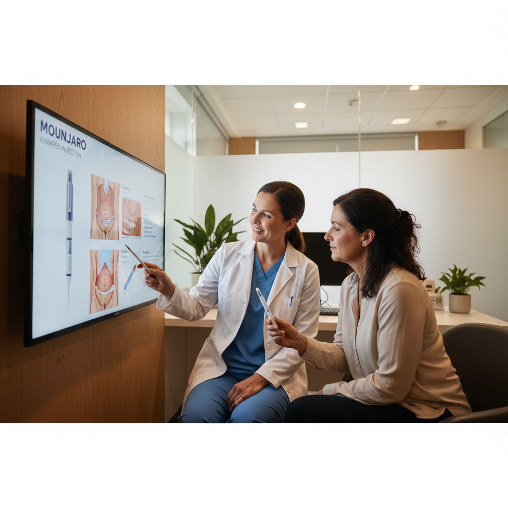 Australian doctor explaining Mounjaro KwikPen to a patient in a modern clinic