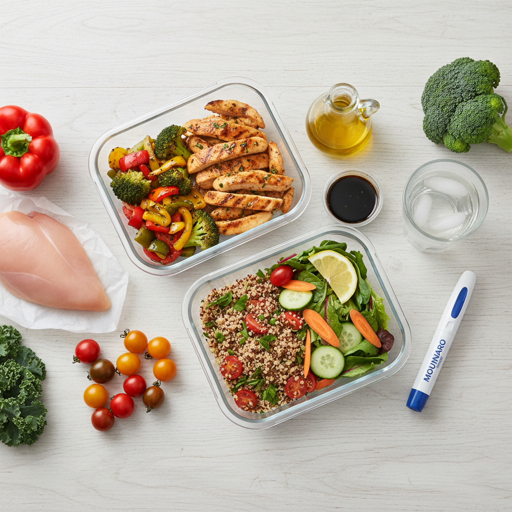 Healthy meal prep with fresh ingredients and Mounjaro KwikPen in the background
