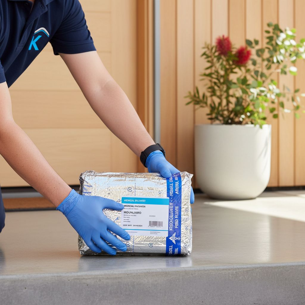 Securely packaged Mounjaro KwikPen being delivered to a residential doorstep