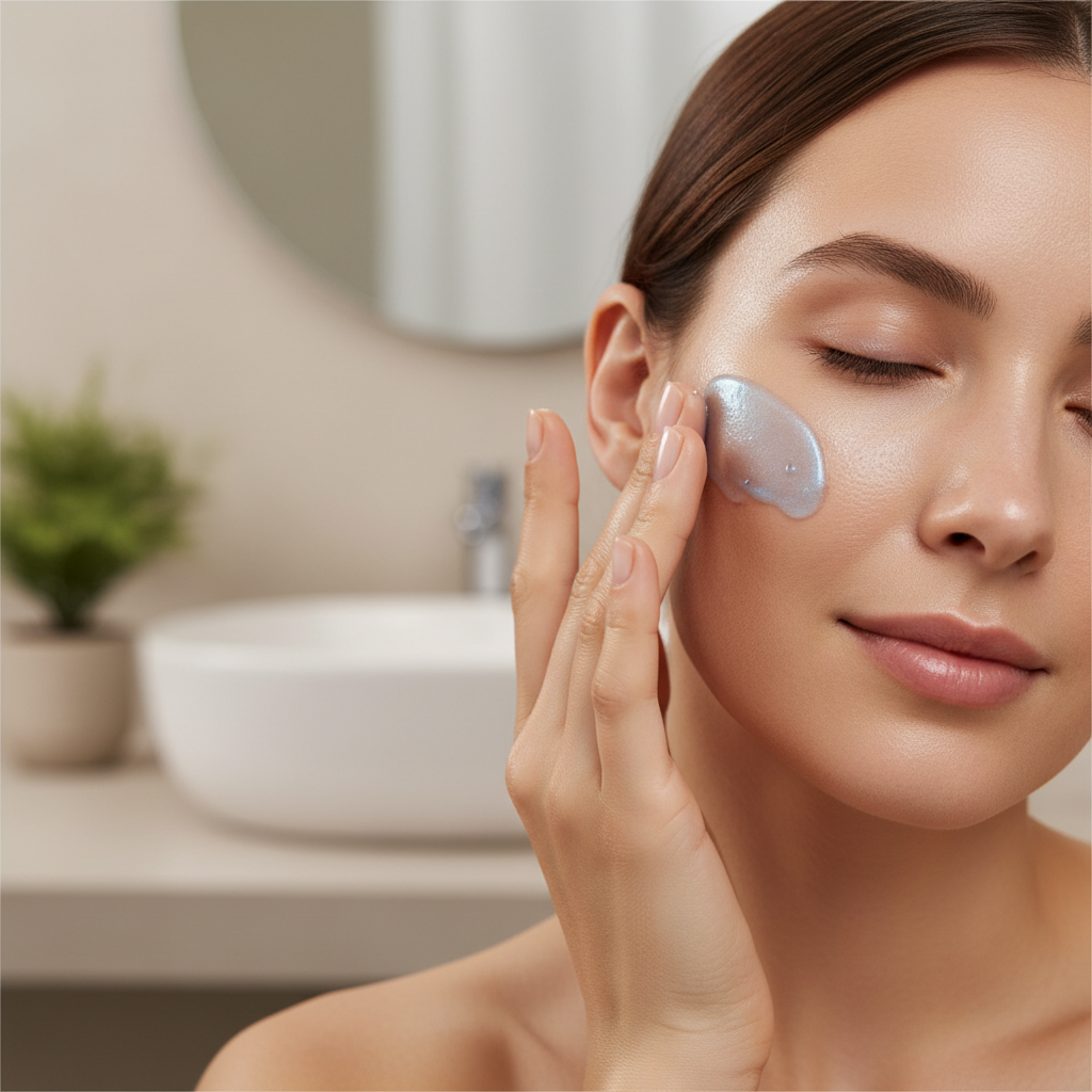 Close-up of a woman applying copper peptide serum to her face, highlighting its smooth texture and radiant effect on her skin.