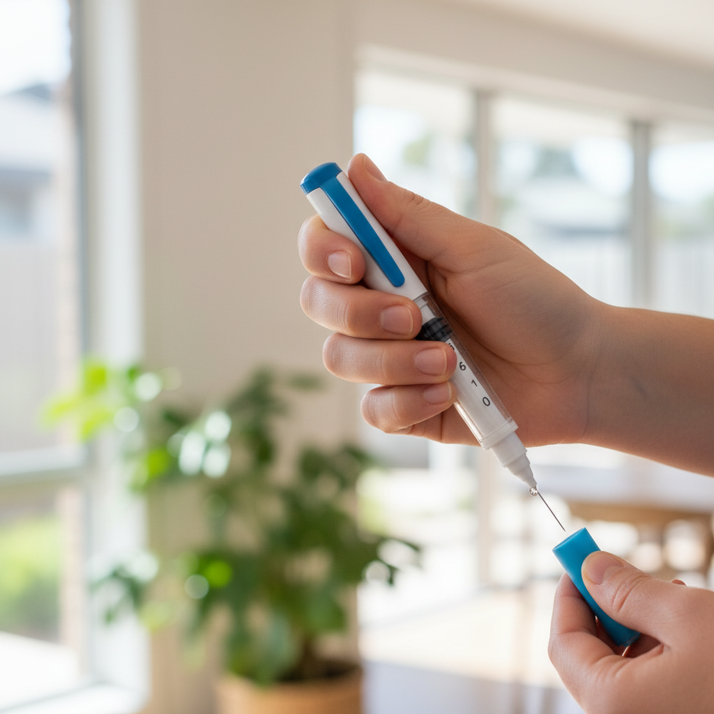 Close-up of a Mounjaro KwikPen being held by a person, showing the injection process with a focus on the dose window and plunger, against a blurred background of a modern Australian home.