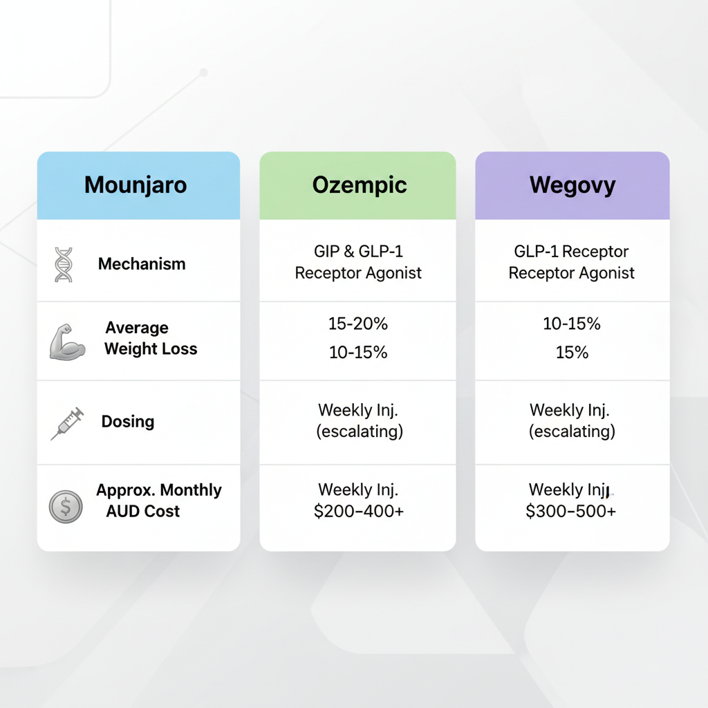 Comparison table of Mounjaro vs Ozempic vs Wegovy for weight loss