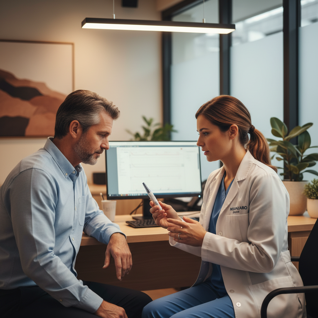 Australian doctor explaining Mounjaro KwikPen to a patient in a clinic