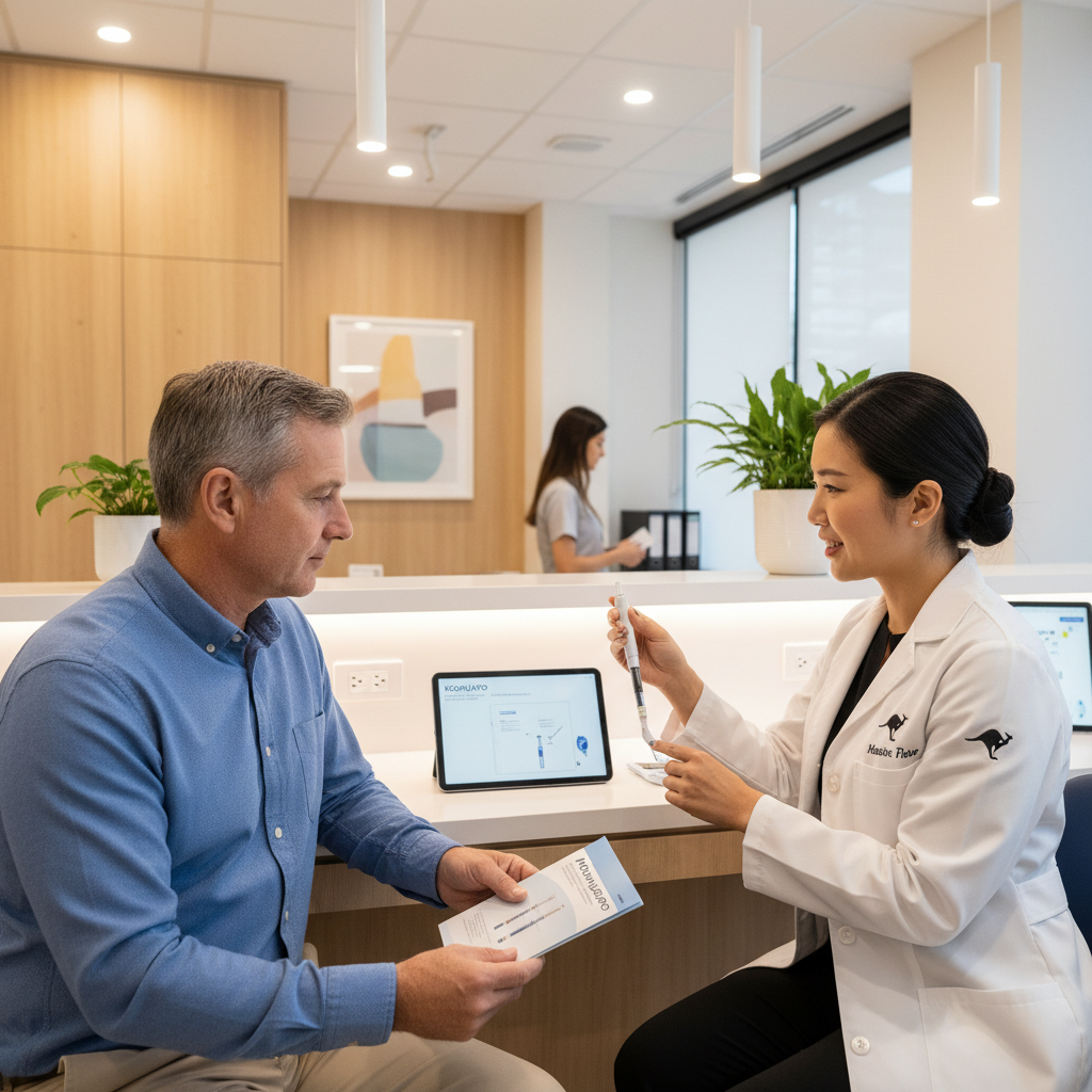 Australian doctor explaining Mounjaro KwikPen injection to a patient in a modern clinic.