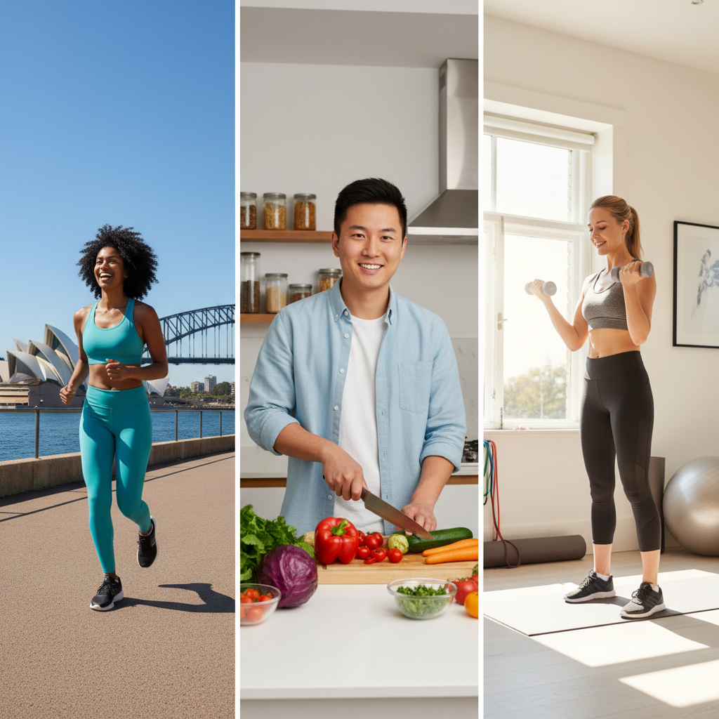 Diverse group of Australians engaging in healthy lifestyle activities: one person jogging by Sydney Harbour, another preparing a healthy meal, and a third doing light weights at home.