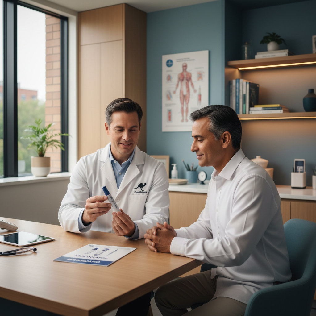 Australian doctor explaining Mounjaro KwikPen to a patient in a modern medical clinic setting, with charts on a screen in the background.