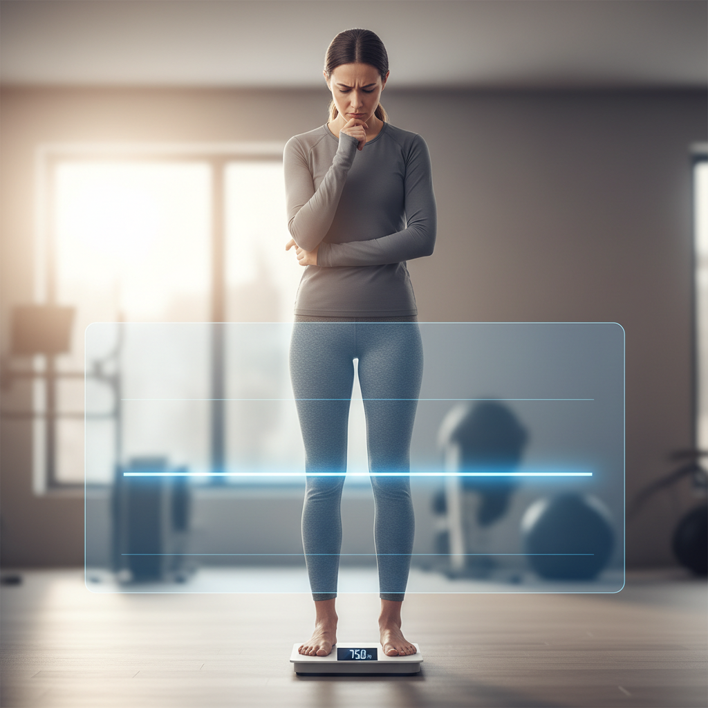 Person standing on a weighing scale, looking thoughtful, with a graph showing a plateau in weight loss in the background. Focus on determination.