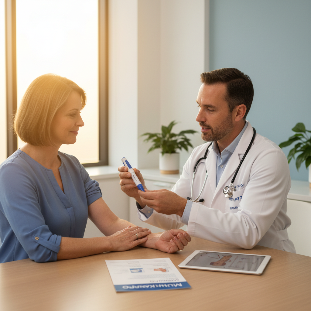 Australian doctor explaining Mounjaro KwikPen to a patient in a clinic
