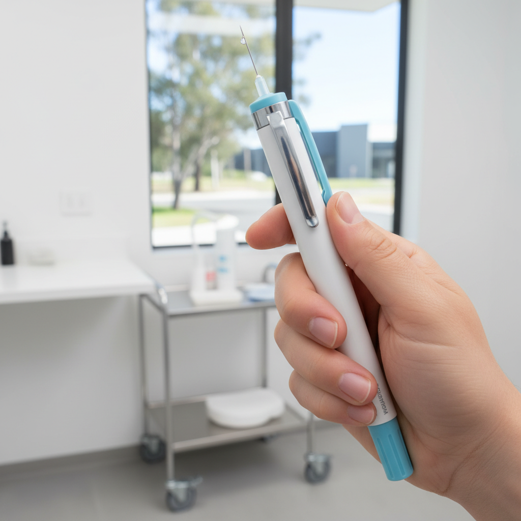 Close-up of a Mounjaro KwikPen being prepared for injection, with a blurred background of a doctor</article>
</body>
</html>