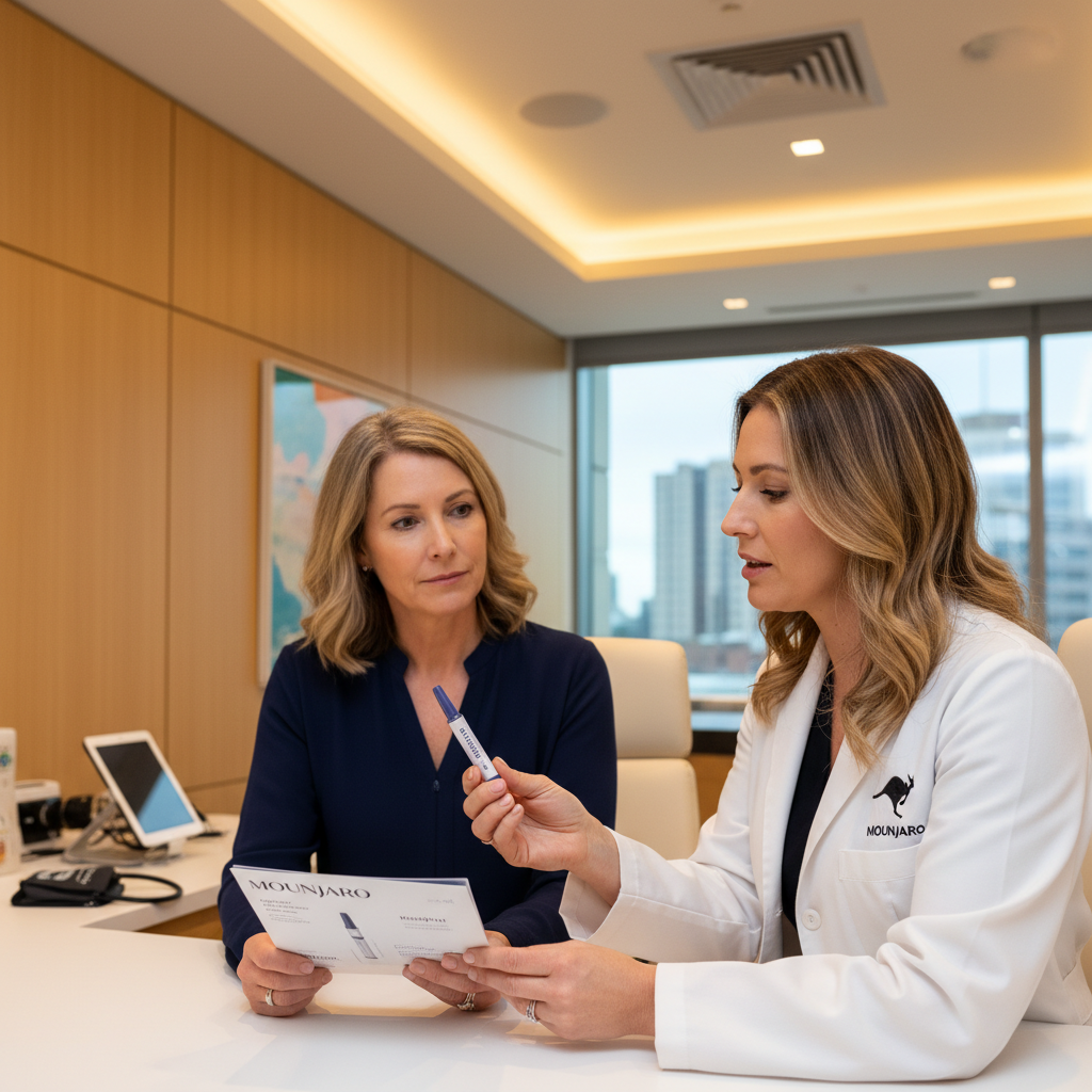 Australian doctor explaining Mounjaro KwikPen to a patient in a medical clinic