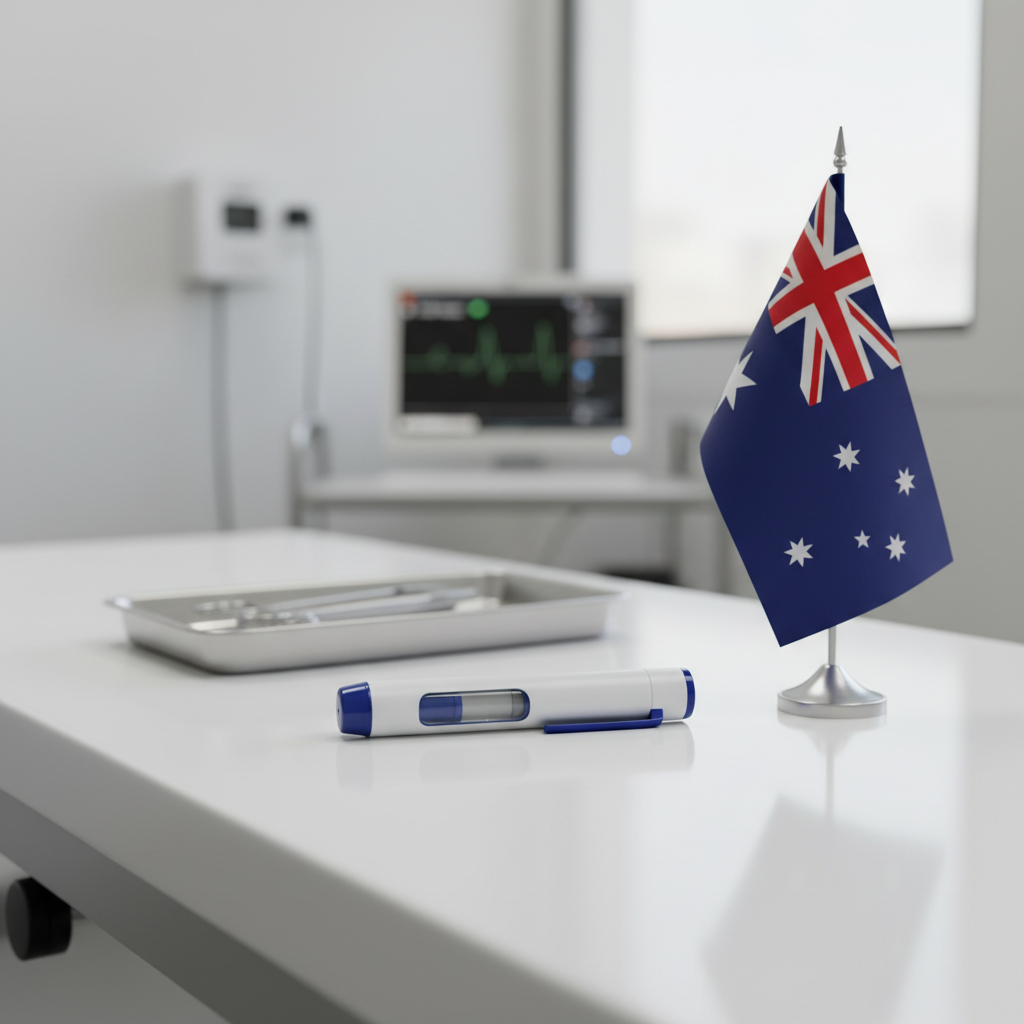 A Mounjaro KwikPen injection device resting on a clean, modern medical table next to an Australian flag, symbolising TGA approval and safe access in Australia.