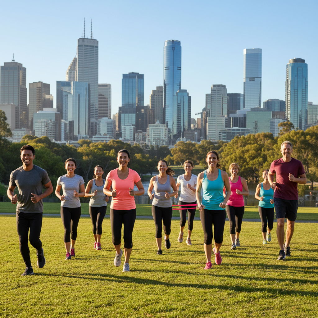 A diverse group of Australian adults smiling and exercising together in a park, representing successful weight management and improved quality of life, with a modern city skyline in the background.