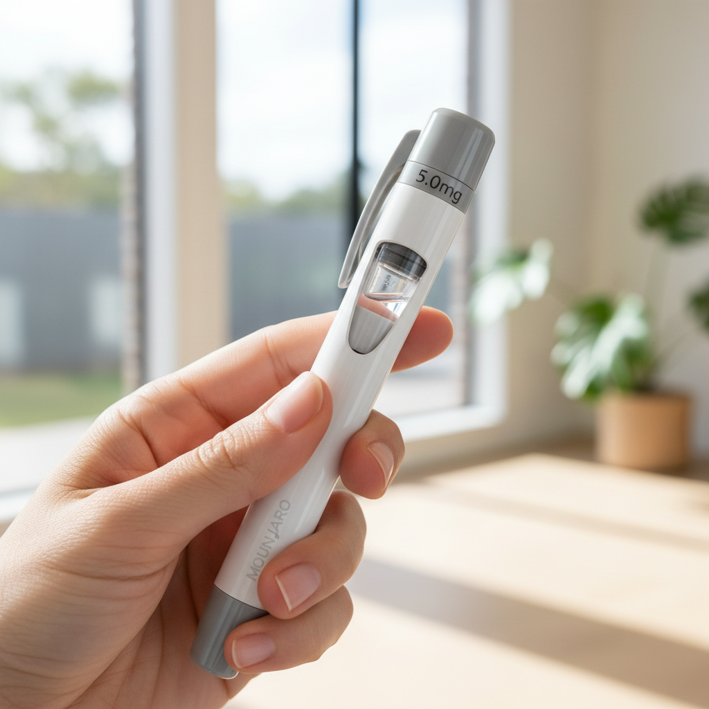 Close-up photo of a Mounjaro KwikPen being held by a person, showing the clear window with the medication and the dose selector, against a blurred background of a modern Australian home setting.