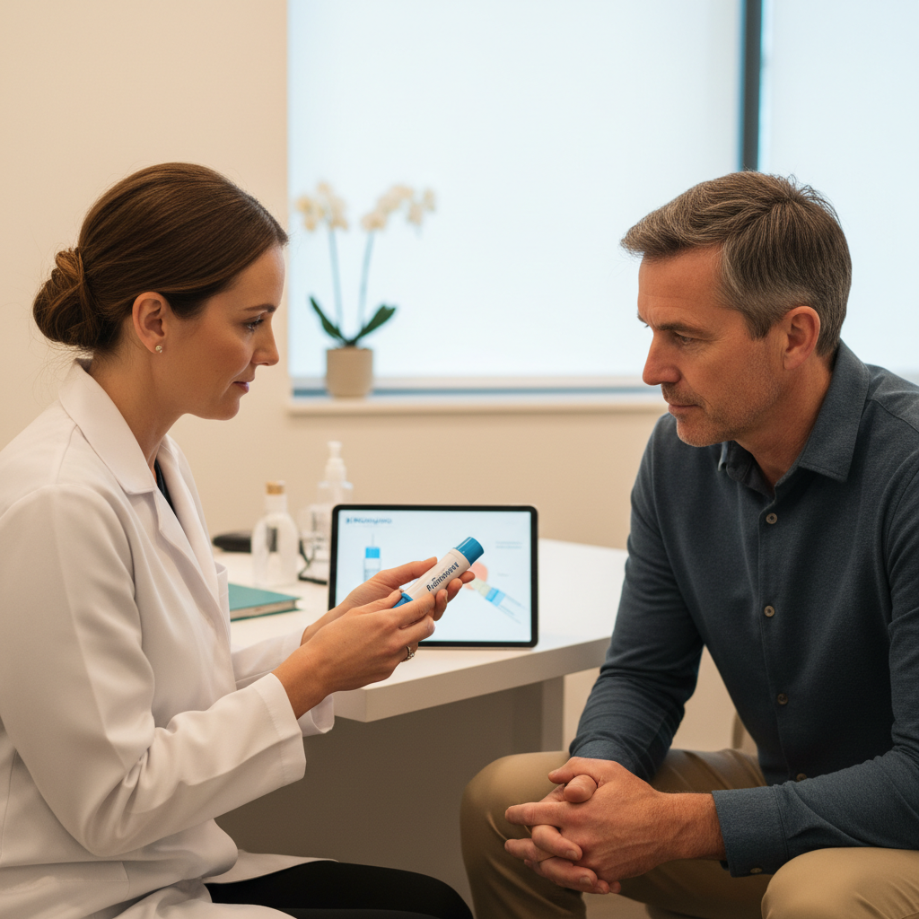 Australian doctor explaining Mounjaro KwikPen to a patient in a modern clinic