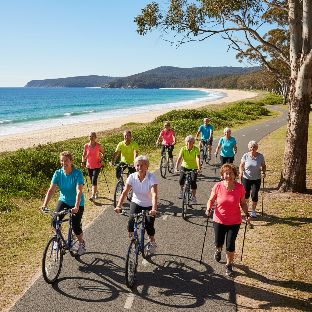 A diverse group of happy, active Australians of various ages and body types exercising outdoors, perhaps walking or cycling by a scenic Australian beach or park. They are smiling and appear healthy, representing successful weight management.