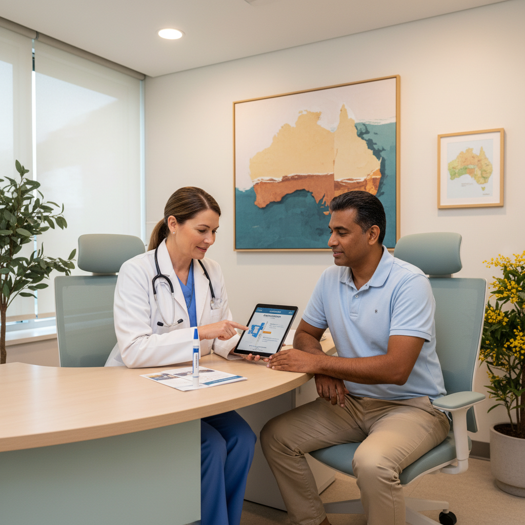 A professional photo of an Australian doctor in a white coat, with a stethoscope, consulting with a middle-aged patient in a modern, clean medical clinic. They are discussing Mounjaro, possibly looking at a diagram or the KwikPen. The setting is warm and reassuring, with Australian decor elements.
