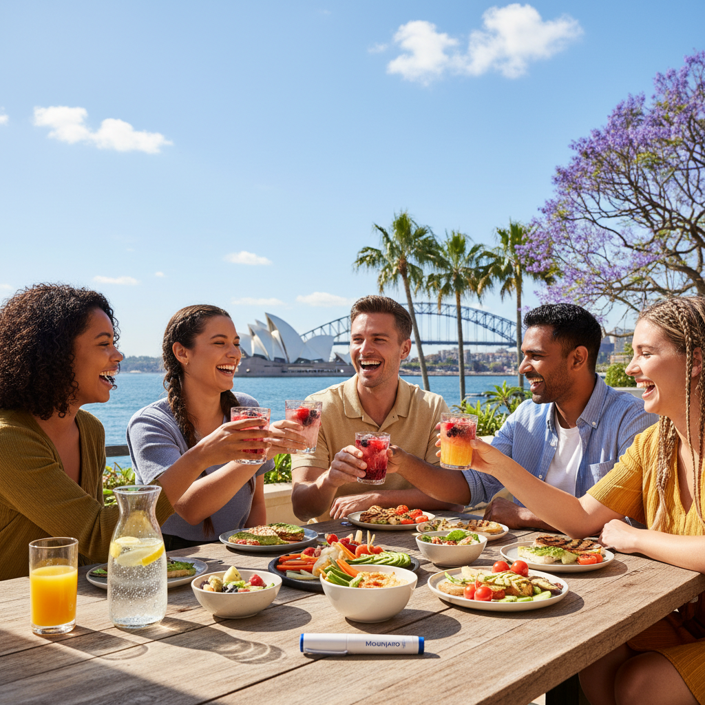 A diverse group of Australian friends enjoying a non-alcoholic social gathering on a sunny outdoor patio in Sydney, with sparkling water, fresh juices, and healthy snacks. Mounjaro KwikPen is subtly placed on a table in the foreground, indicating mindful choices.