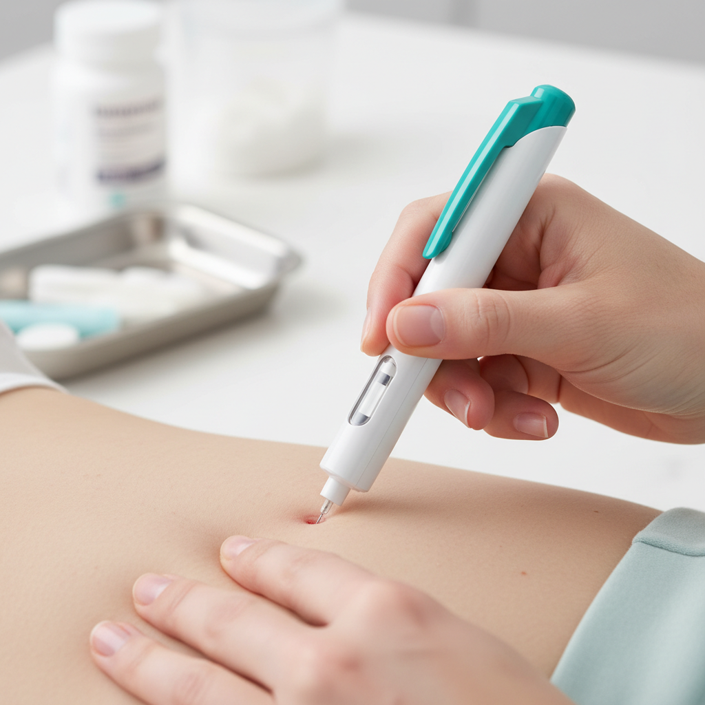 Close-up of Mounjaro KwikPen injection into the abdomen, showing proper technique with a focus on the pen and skin.