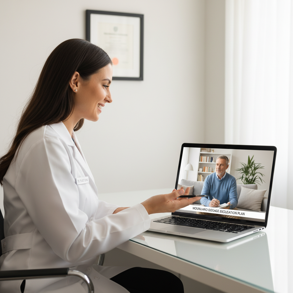Australian doctor explaining Mounjaro dosage escalation to a patient in a telehealth consultation.