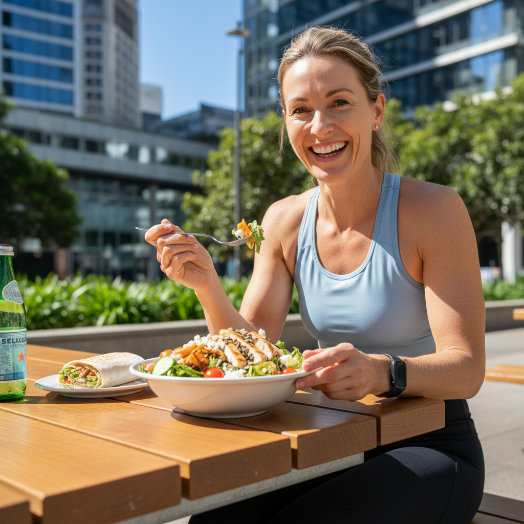 Happy Australian woman successfully managing weight with Mounjaro, enjoying a healthy meal outdoors.