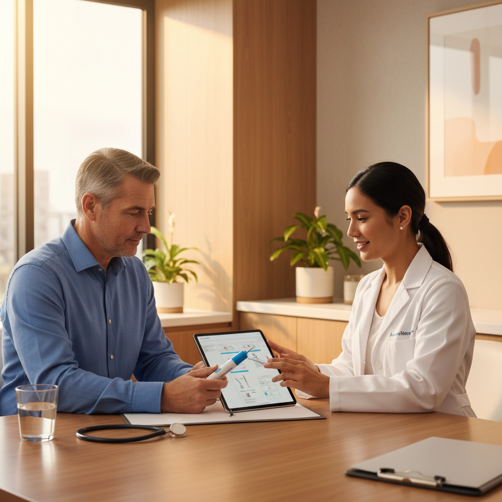 Australian doctor explaining Mounjaro KwikPen to a patient in a modern clinic