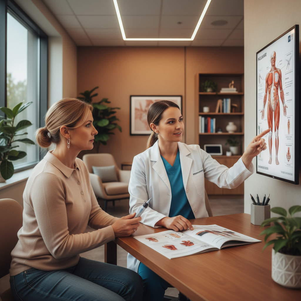 Australian doctor explaining Mounjaro to a patient in a modern clinic
