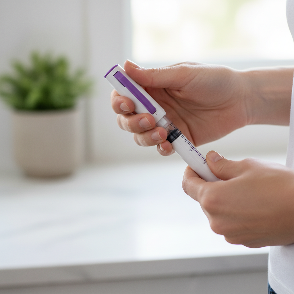 Close-up of Mounjaro KwikPen injection being prepared by a patient