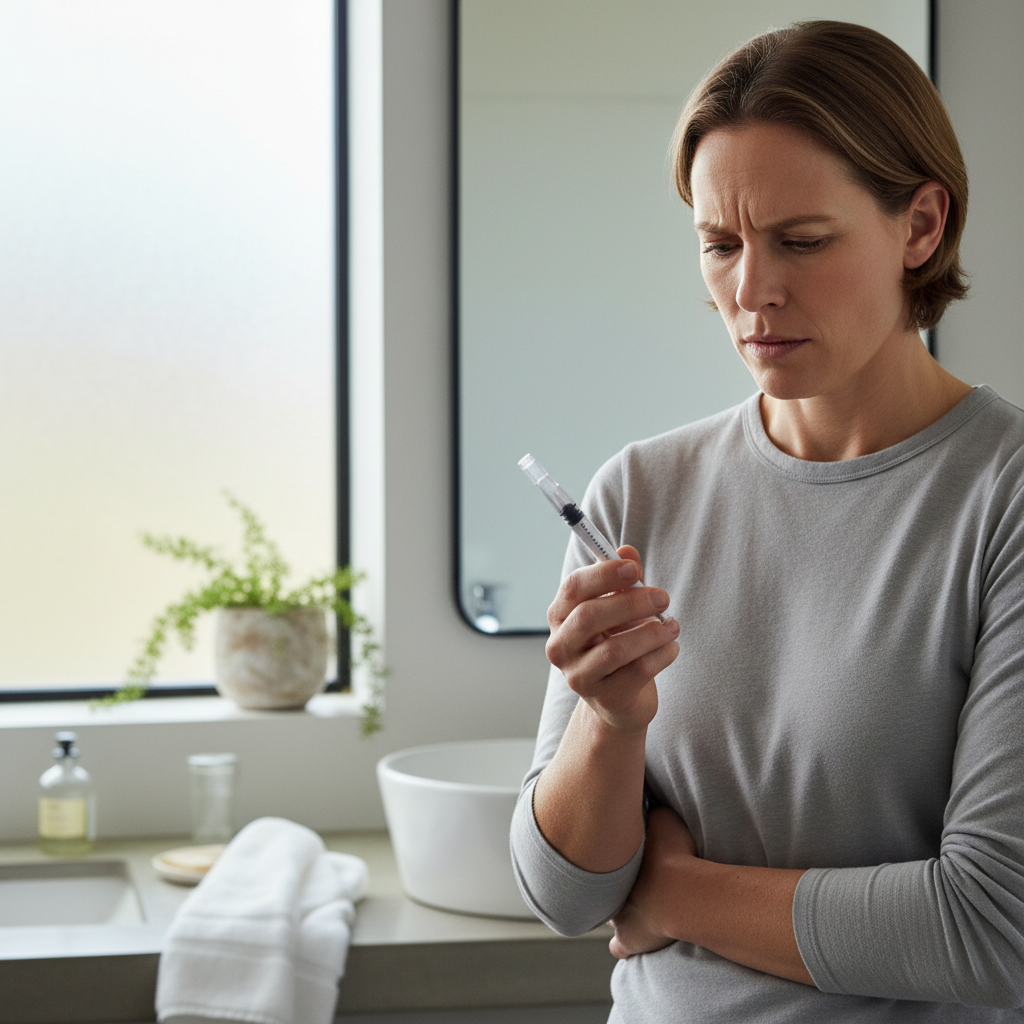 A patient holding a Mounjaro KwikPen, looking thoughtfully at the clear base after an injection, with a concerned but resolved expression. The background shows a modern bathroom setting.