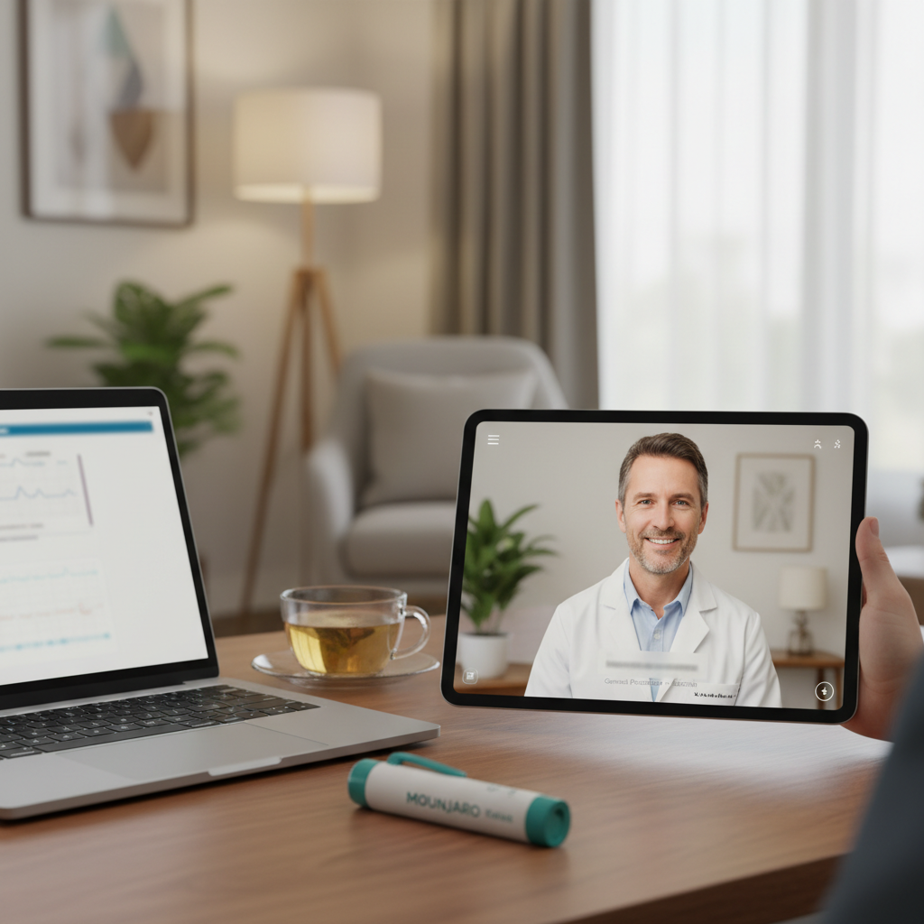A modern, clean telehealth consultation interface on a tablet, showing a TGA-registered Australian doctor on screen, with a Mounjaro KwikPen and a laptop in the foreground. The setting is a comfortable home environment.