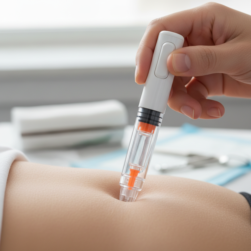 Close-up of a Mounjaro KwikPen being correctly injected into the abdomen, showing the clear base against the skin and a finger on the injection button. The background is softly blurred, indicating a clean, medical environment.