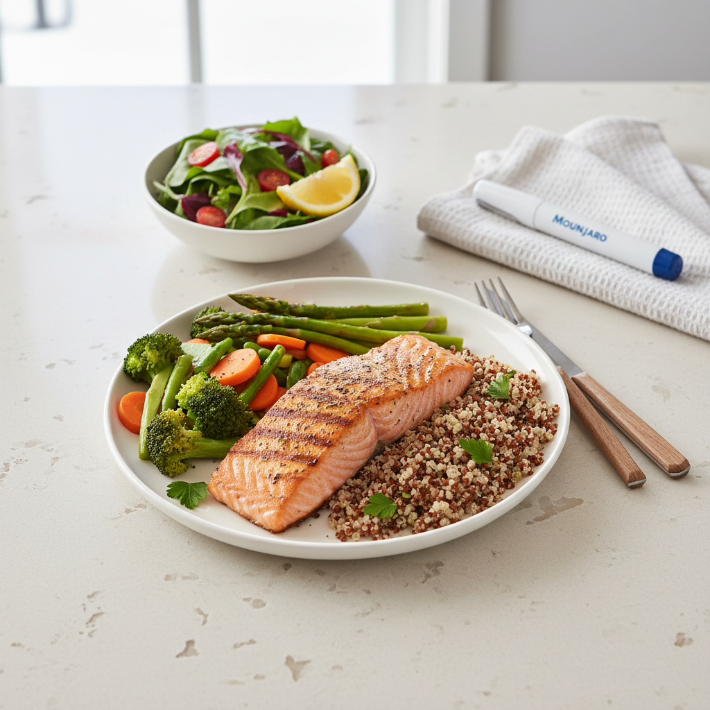 Healthy balanced meal with Mounjaro KwikPen in background