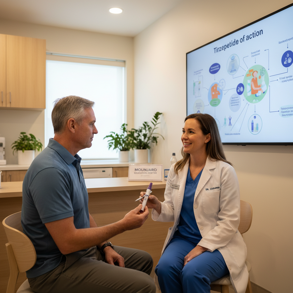 Australian doctor explaining Mounjaro KwikPen to a patient in a modern clinic