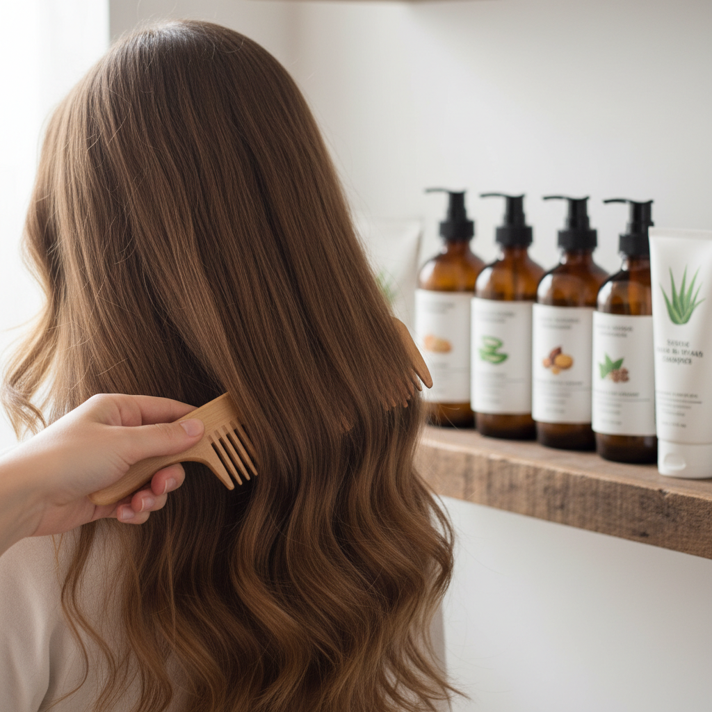 A person gently brushing their hair, with a focus on healthy hair care products in the background, promoting gentle hair handling and suitable products.