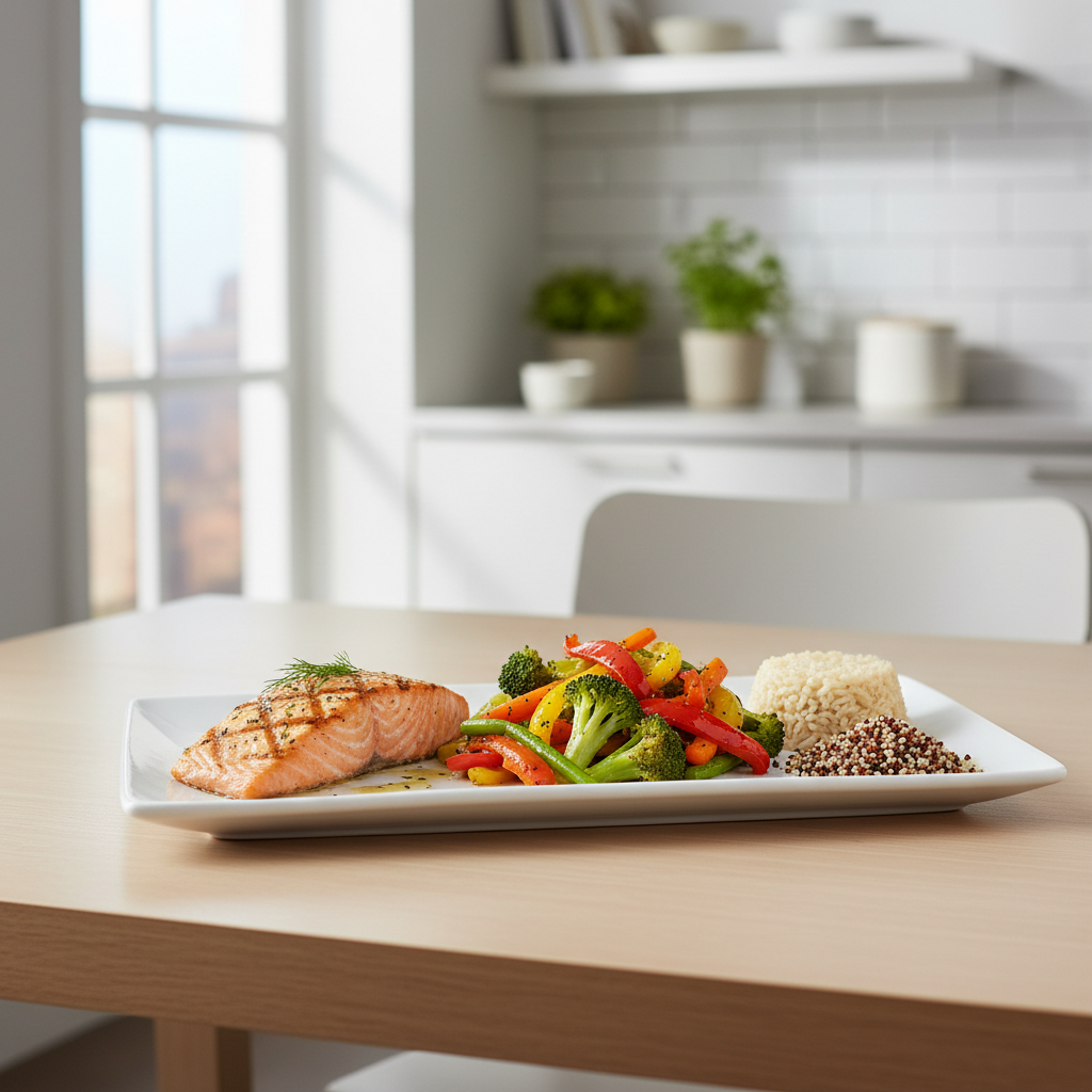 A balanced, nutrient-rich meal plate with lean protein (chicken or fish), colourful vegetables, and whole grains, signifying healthy eating for weight loss and hair health.