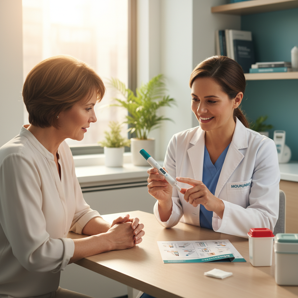 Australian doctor explaining Mounjaro injection technique to a patient in a clinic setting, focusing on proper use of the KwikPen.