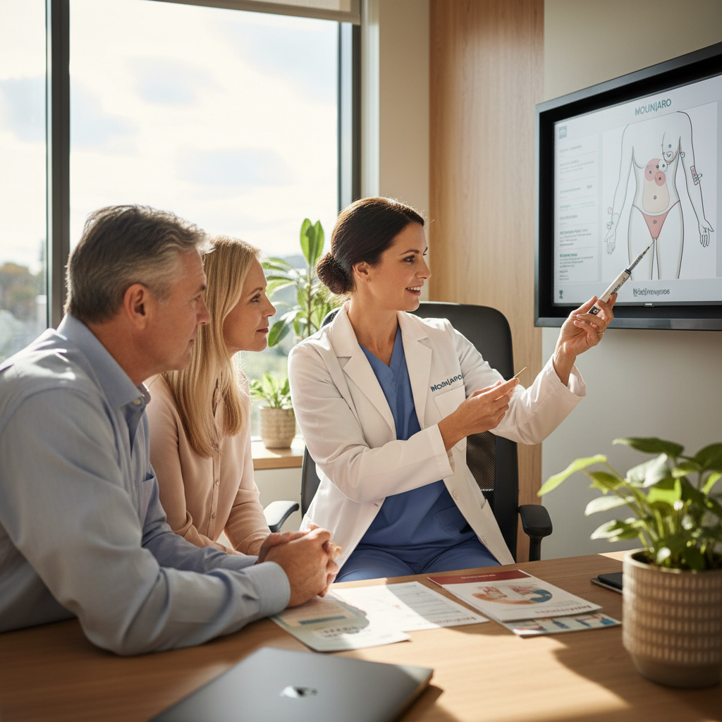 Professional photo of an Australian doctor in a white coat consulting with a middle-aged patient about Mounjaro KwikPen injection in a modern medical clinic, warm lighting, photorealistic.