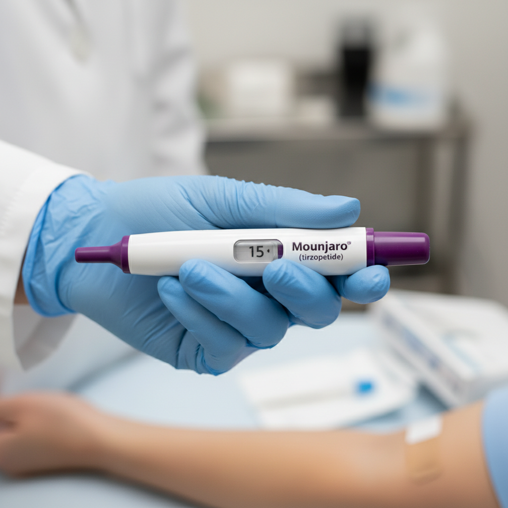 Close-up of a Mounjaro KwikPen being held by a hand, showing the dose window and injection button, with a blurred background of a medical setting.
