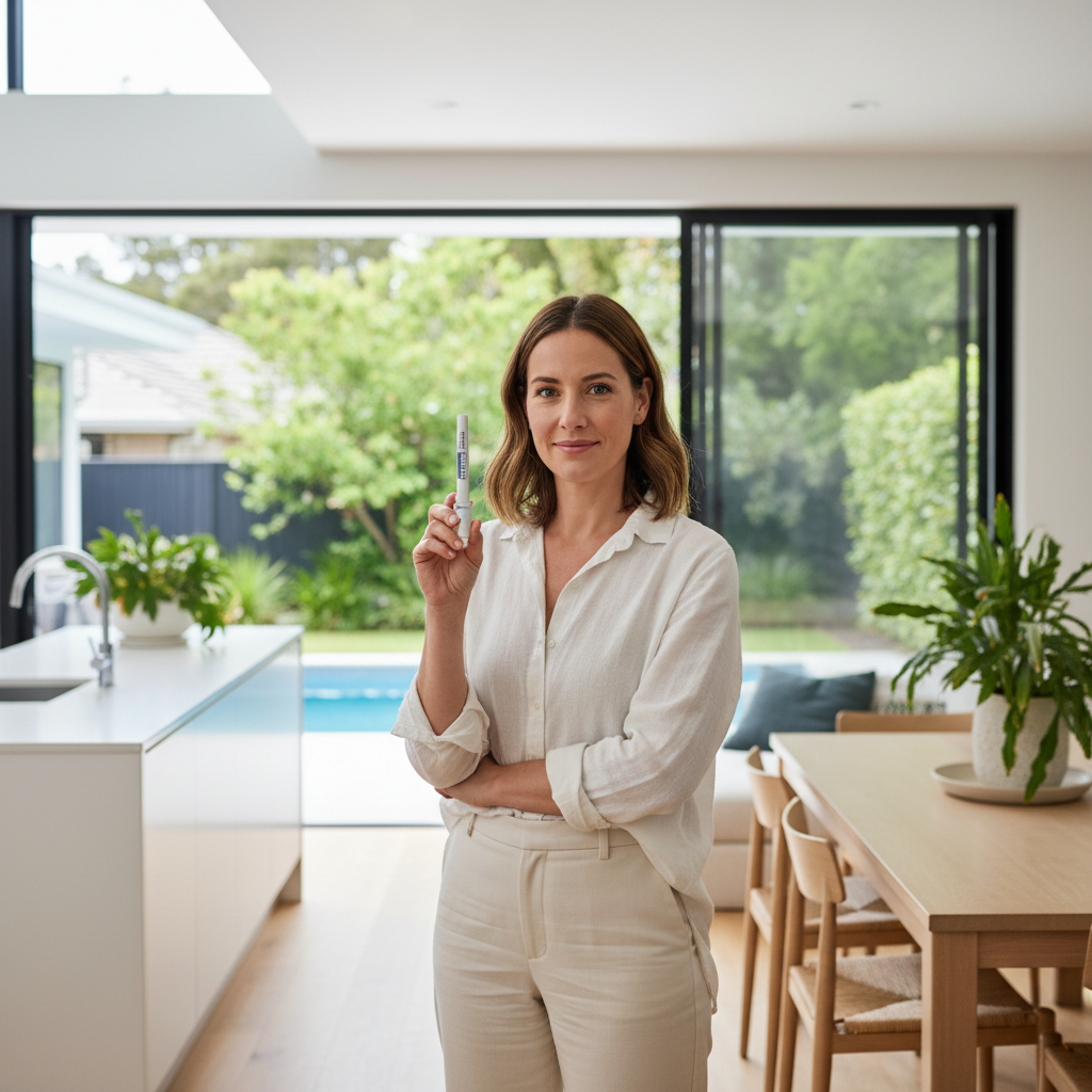 A woman in her 30s confidently holding a Mounjaro KwikPen, smiling slightly, with a modern, clean Australian home background. The image conveys empowerment and ease of use.