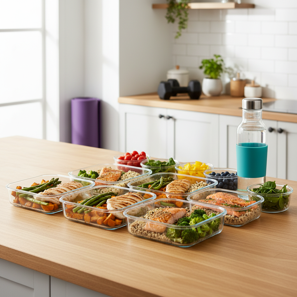 Healthy Australian meal prep with fresh vegetables, lean protein, and water bottle, representing a balanced lifestyle
