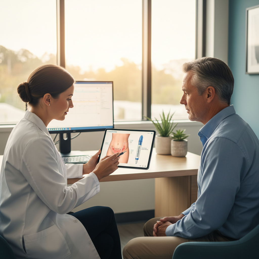 Australian doctor explaining Mounjaro KwikPen injection to a patient in a clinic setting