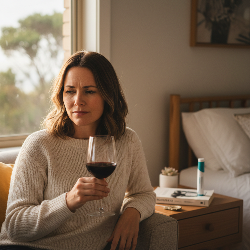 Woman thoughtfully considering a glass of wine while on a health journey, with Mounjaro KwikPen subtly in the background