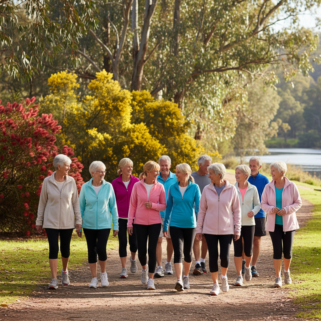 A diverse group of happy and healthy Australians, including men and women of various ages, engaging in light physical activity like walking in a park, smiling and looking energetic. The background features Australian flora. This image represents successful weight management and improved quality of life.