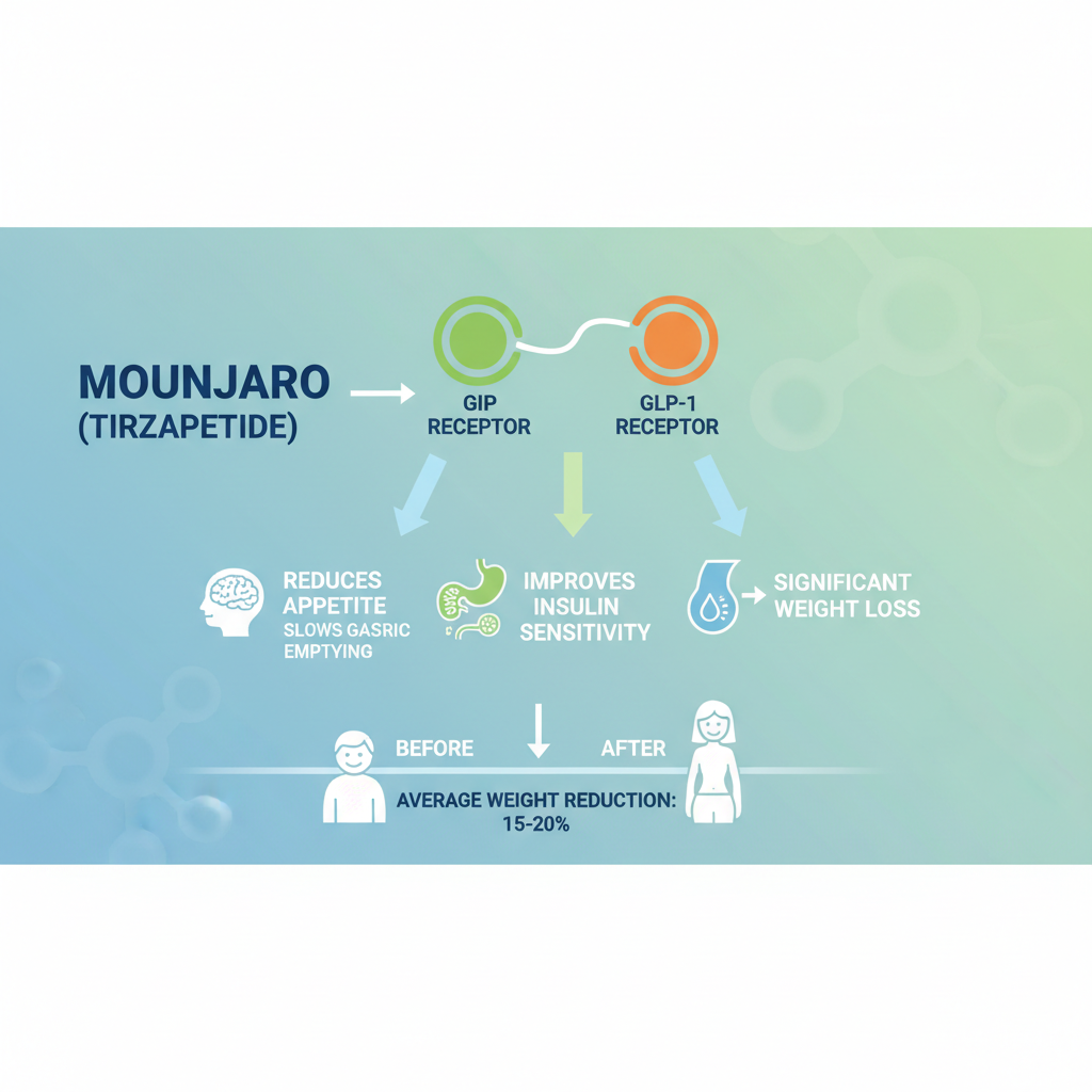 A detailed infographic illustrating the dual action of Mounjaro (tirzepatide) on GIP and GLP-1 receptors, showing how it reduces appetite, slows gastric emptying, and improves insulin sensitivity, leading to significant weight loss. The graphic should be clean, modern, and easy to understand, with Australian English text.