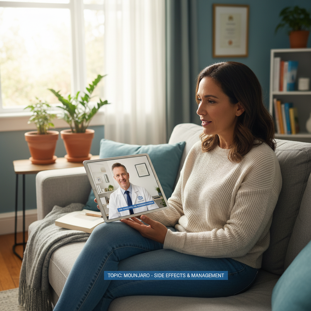 An Australian patient having a telehealth consultation with a TGA-registered doctor on a laptop or tablet, discussing Mounjaro side effects and management strategies. The patient looks engaged and the doctor is professional and reassuring. The setting is a comfortable home environment.