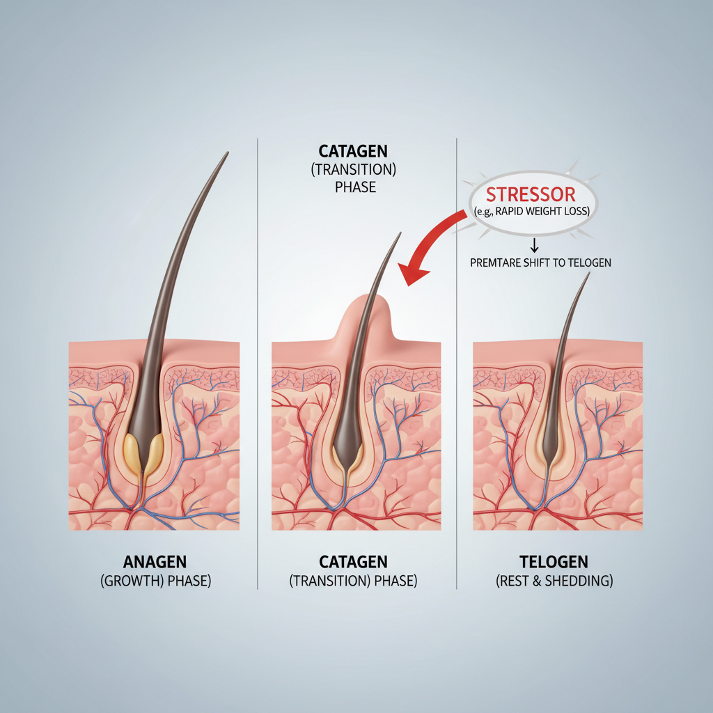 A diagram illustrating the hair growth cycle (anagen, catagen, telogen phases) with an emphasis on how stress or rapid weight loss can prematurely push hair into the telogen (resting/shedding) phase, leading to telogen effluvium. The diagram should be clear and medically accurate, suitable for an Australian audience.