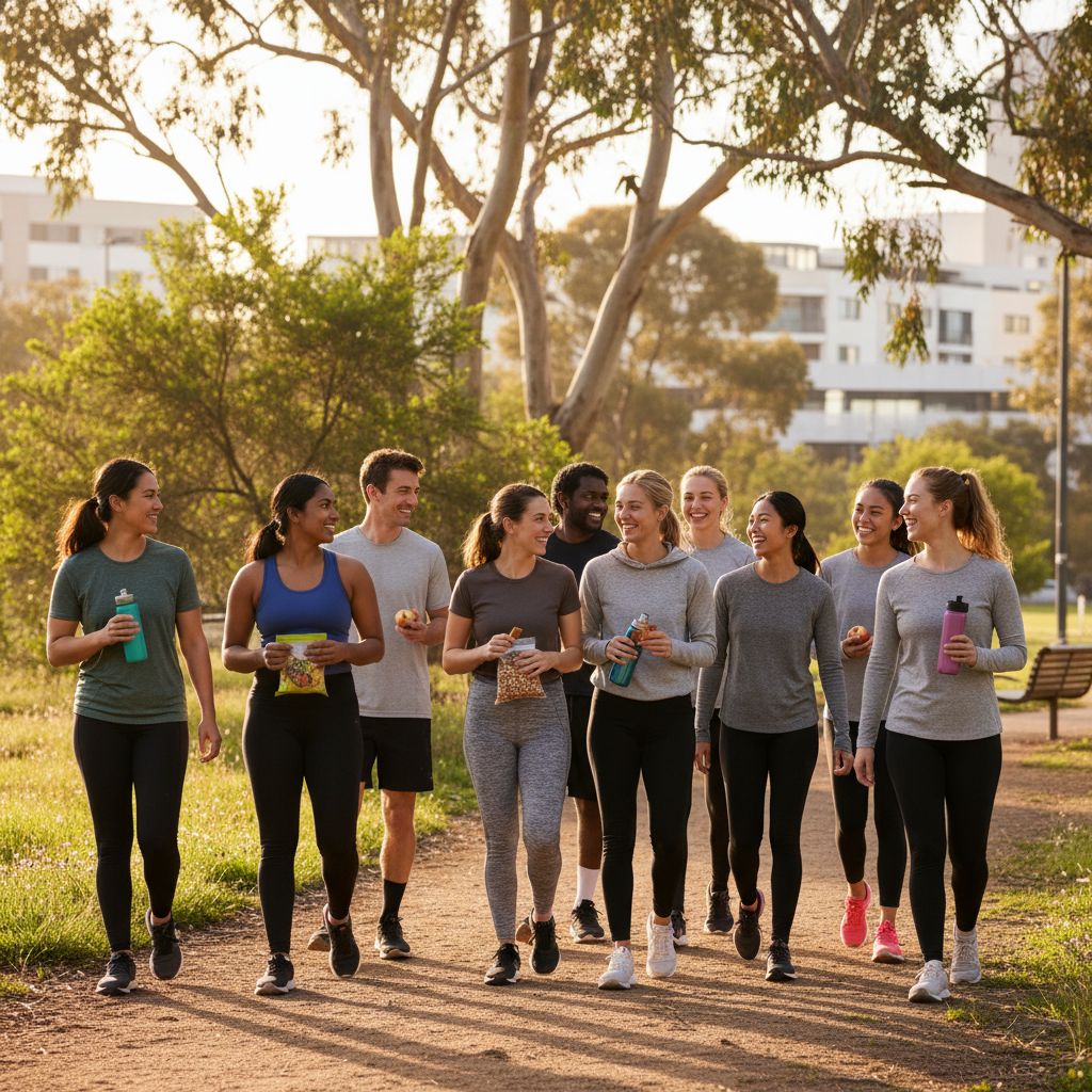 A diverse group of Australian patients (male and female, various ages) happily engaging in light exercise like walking in a park, holding water bottles, and eating healthy snacks. The scene should convey a sense of wellness, support, and active lifestyle, with subtle Australian flora in the background.