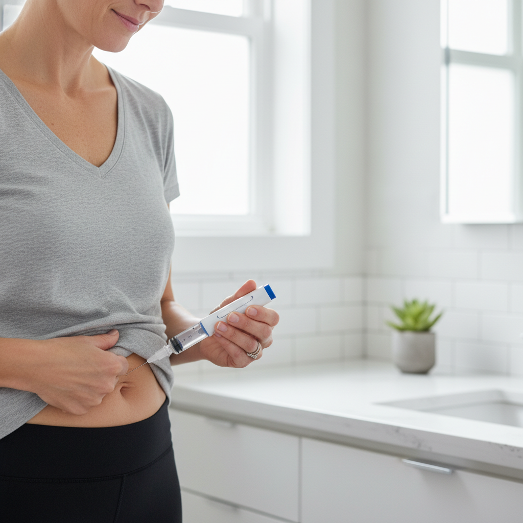 A person successfully injecting Mounjaro KwikPen into their abdomen, with a calm and confident expression, in a modern, clean home environment.