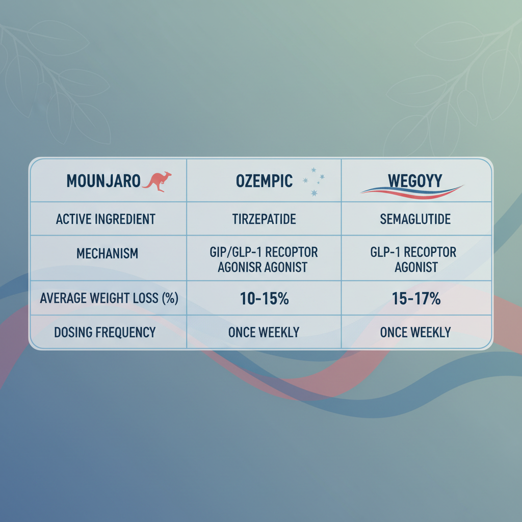 Comparison table showing Mounjaro, Ozempic, and Wegovy with their active ingredients, mechanisms, and weight loss percentages.
