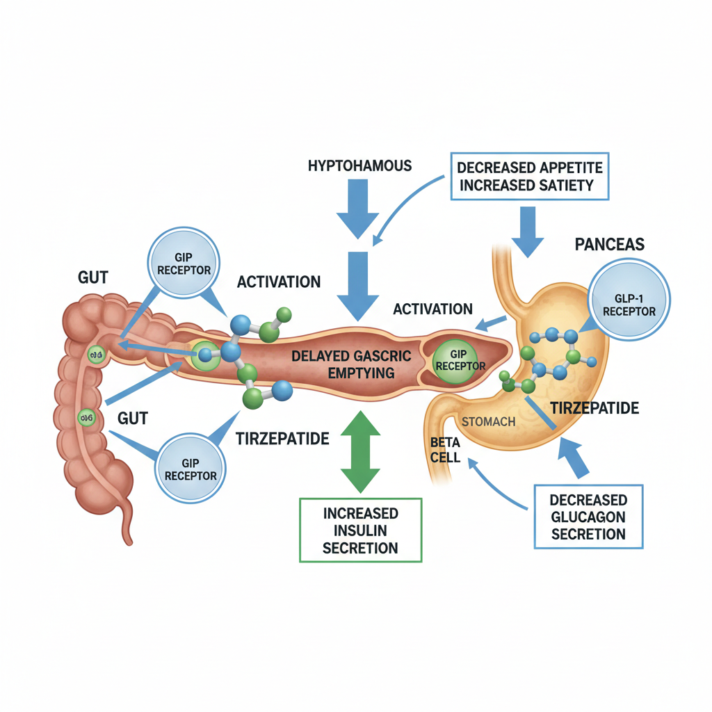 A detailed illustration showing the dual action mechanism of Mounjaro (tirzepatide) on GIP and GLP-1 receptors in the gut and pancreas, with arrows indicating effects on appetite, insulin, and gastric emptying. The illustration should be scientifically accurate and easy to understand.